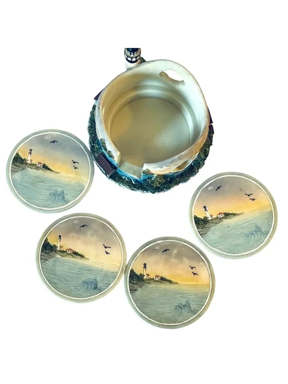 Vintage 5-Piece Coastal Lighthouse Drink Coaster Set with 3D Storage Base